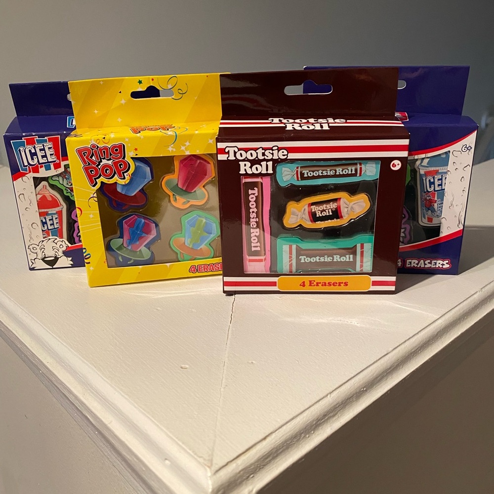 Kids erasers set of 4 packs icee ring pop tootsie roll all new in boxes